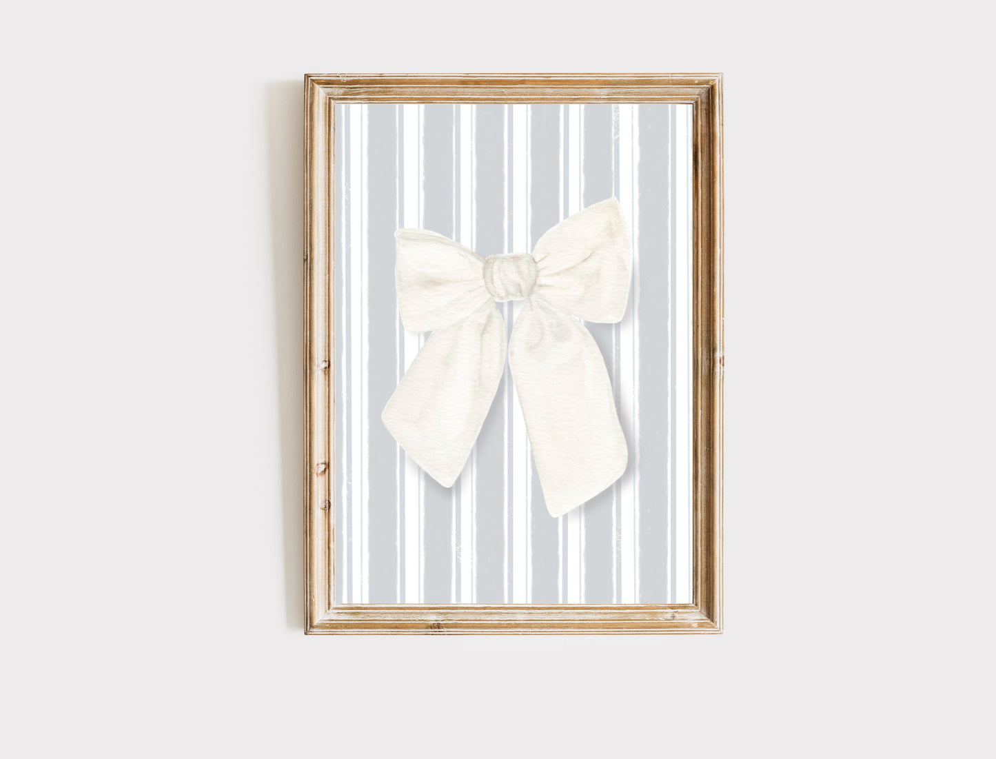Ivory and Blue Stripe Bow Art Print - Coastal Elegance for Your Walls