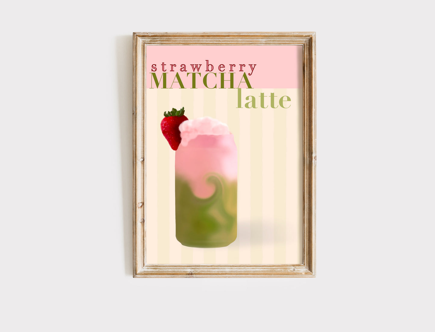 Strawberry Matcha Latte Art Print - Aesthetic Café-Inspired Wall Decor