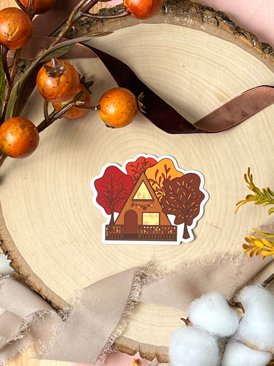 Autumn A-Frame Cabin Sticker, 3x2.3in