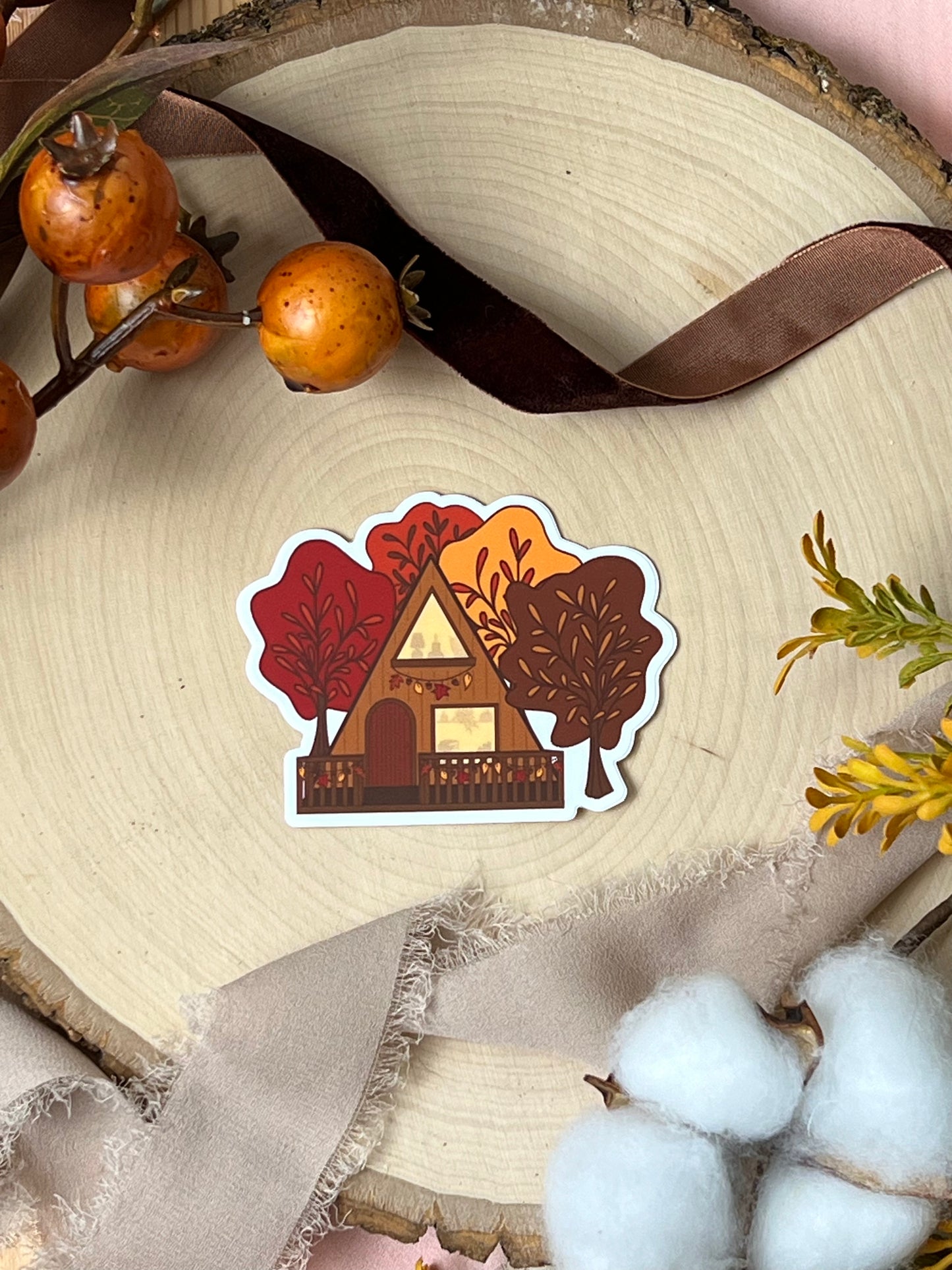 Autumn A-Frame Cabin Sticker, 3x2.3in