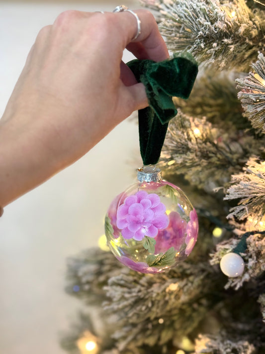 Original Acrylic Painted Hydrangea Iridescent Glass Christmas Ornament
