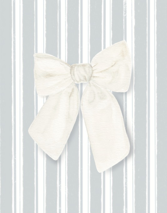 Ivory and Blue Stripe Bow Art Print - Coastal Elegance for Your Walls