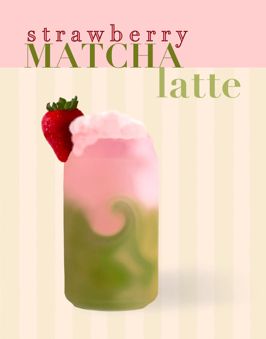 Strawberry Matcha Latte Art Print - Aesthetic Café-Inspired Wall Decor