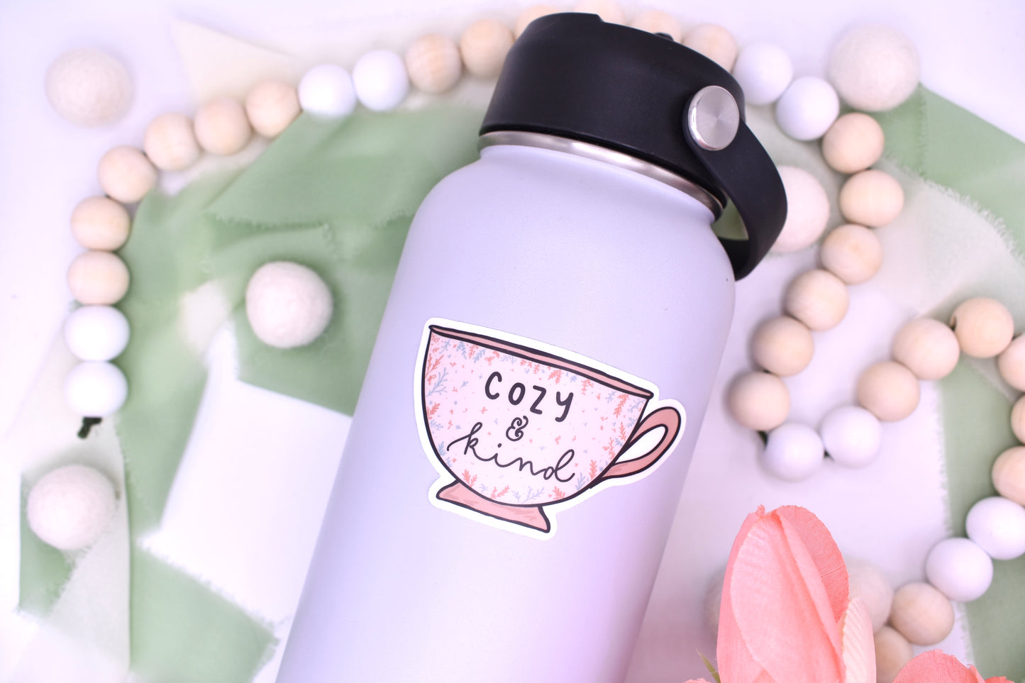 Cozy and Kind Teacup Sticker 3x1.73in
