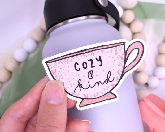 Cozy and Kind Teacup Sticker 3x1.73in