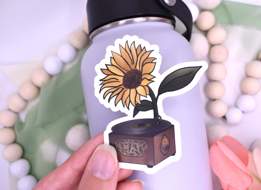 Sunflower Record Player Sticker, 2.41x3in