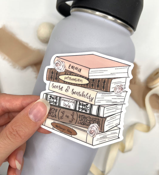 Jane Austen Book Stack Sticker, 3x2.79in