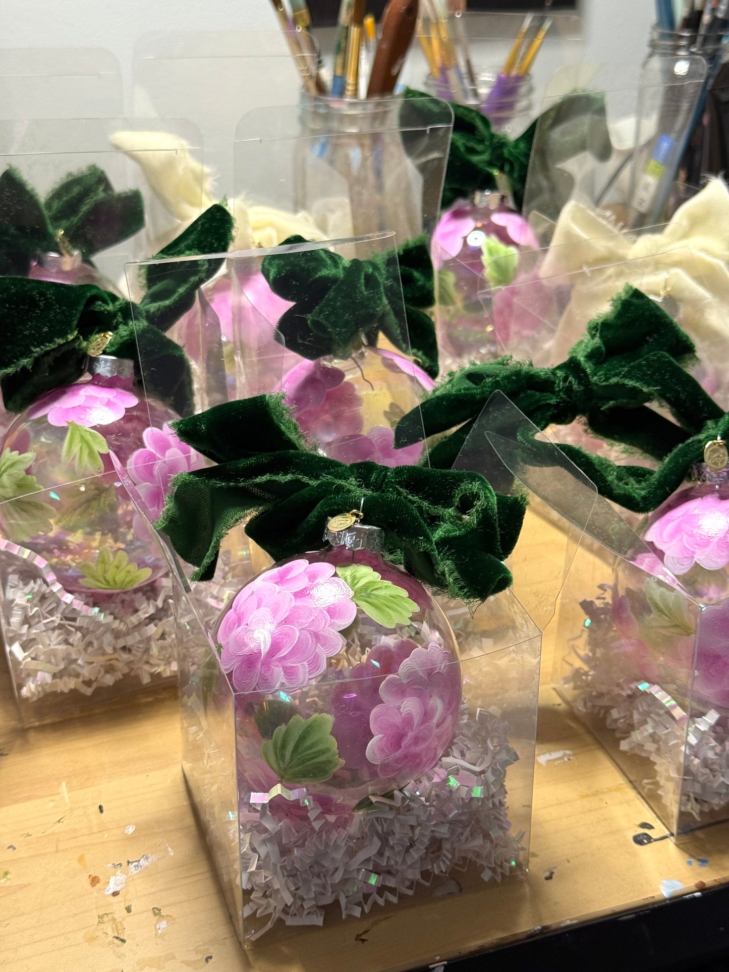 Original Acrylic Painted Hydrangea Iridescent Glass Christmas Ornament