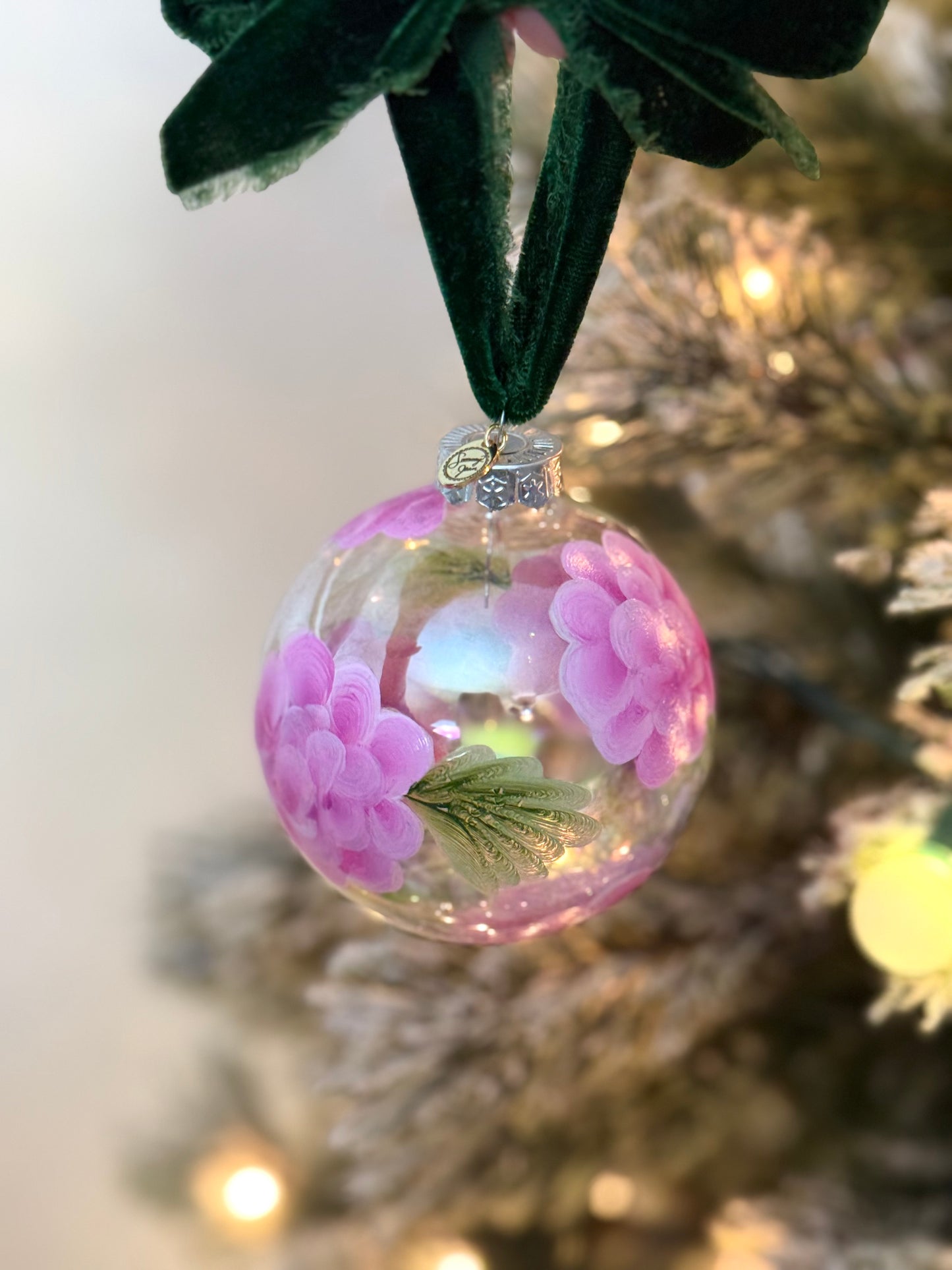 Original Acrylic Painted Hydrangea Iridescent Glass Christmas Ornament