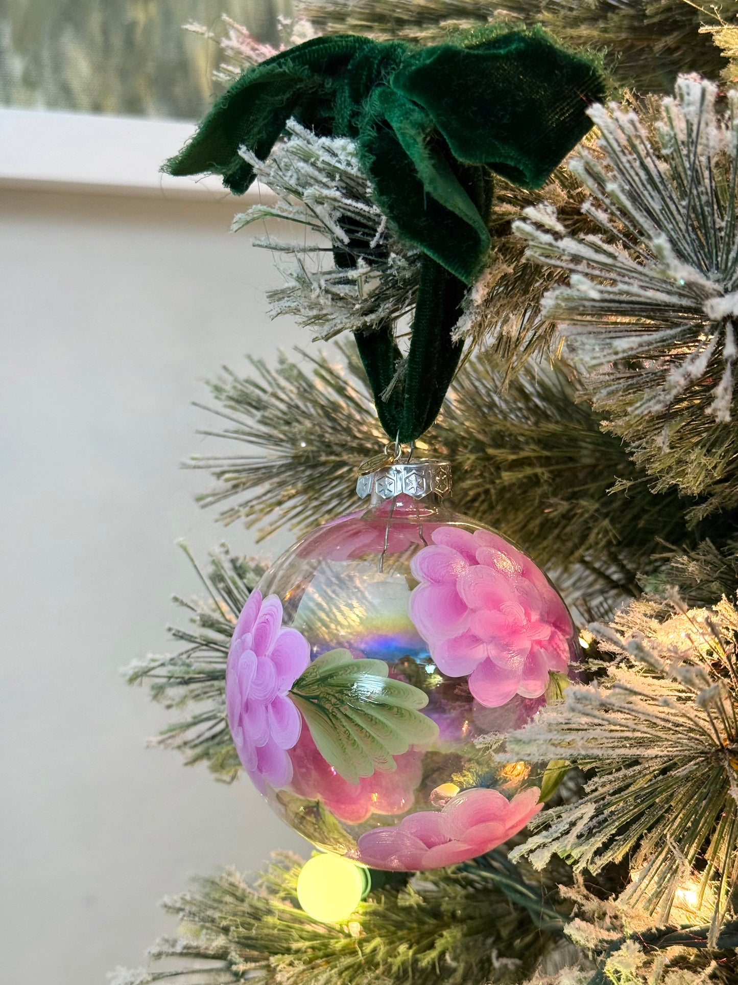 Original Acrylic Painted Hydrangea Iridescent Glass Christmas Ornament