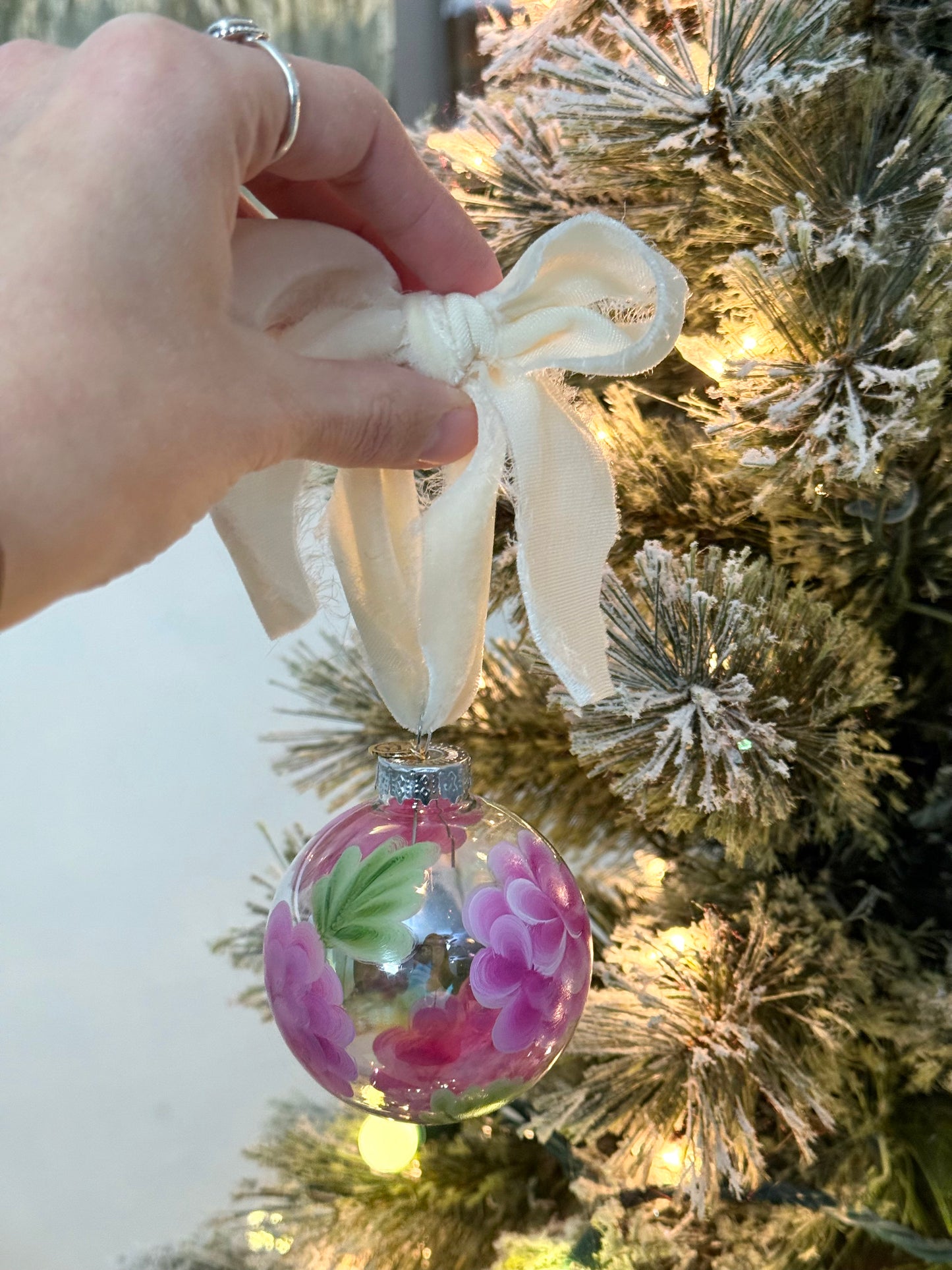 Original Acrylic Painted Hydrangea Iridescent Glass Christmas Ornament