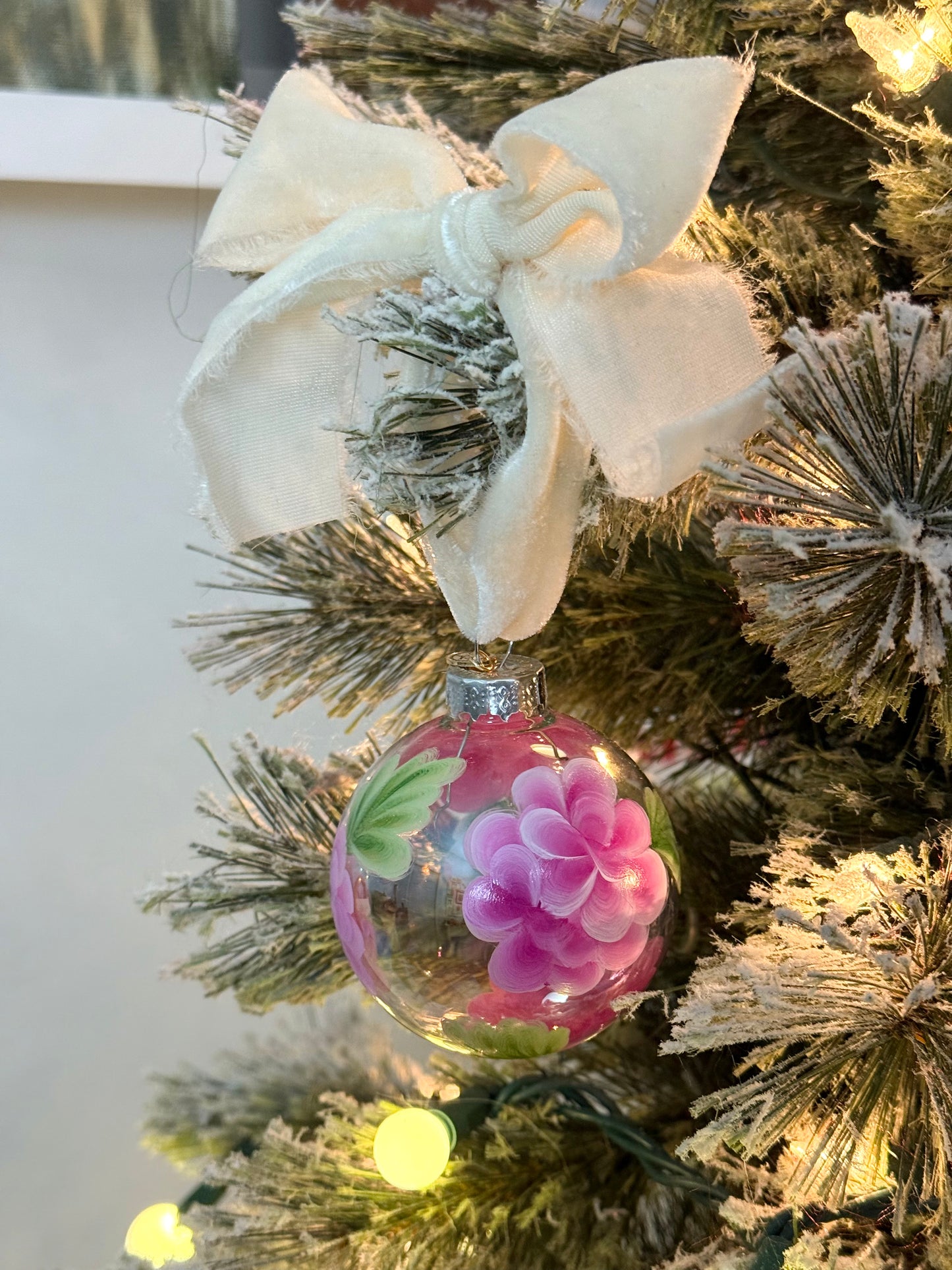 Original Acrylic Painted Hydrangea Iridescent Glass Christmas Ornament
