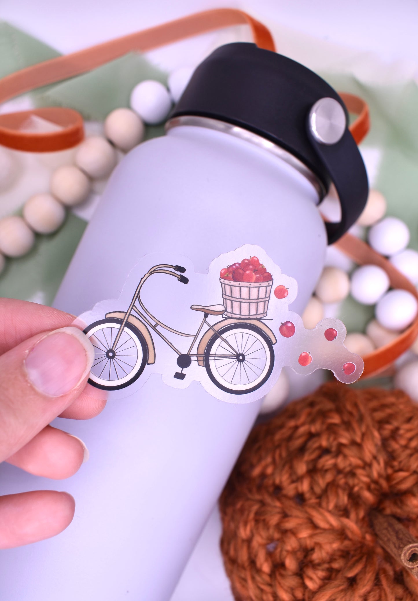Apple Picking Bicycle Sticker, 3x1.6in