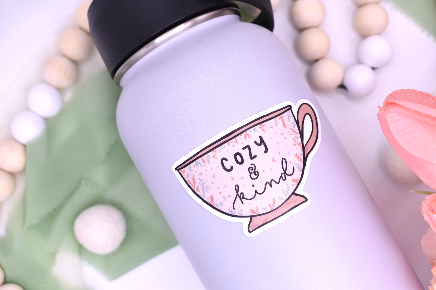 Cozy and Kind Teacup Sticker 3x1.73in