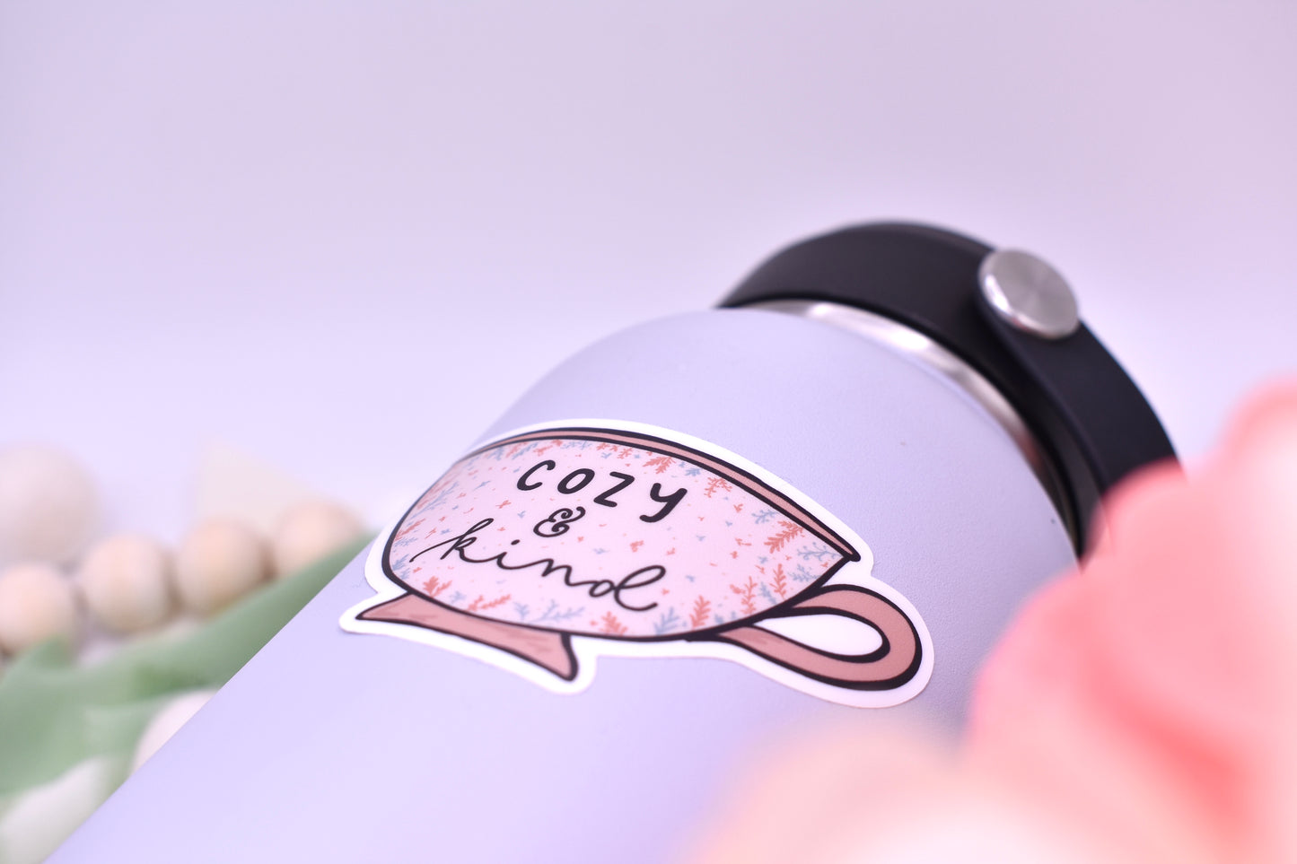 Cozy and Kind Teacup Sticker 3x1.73in