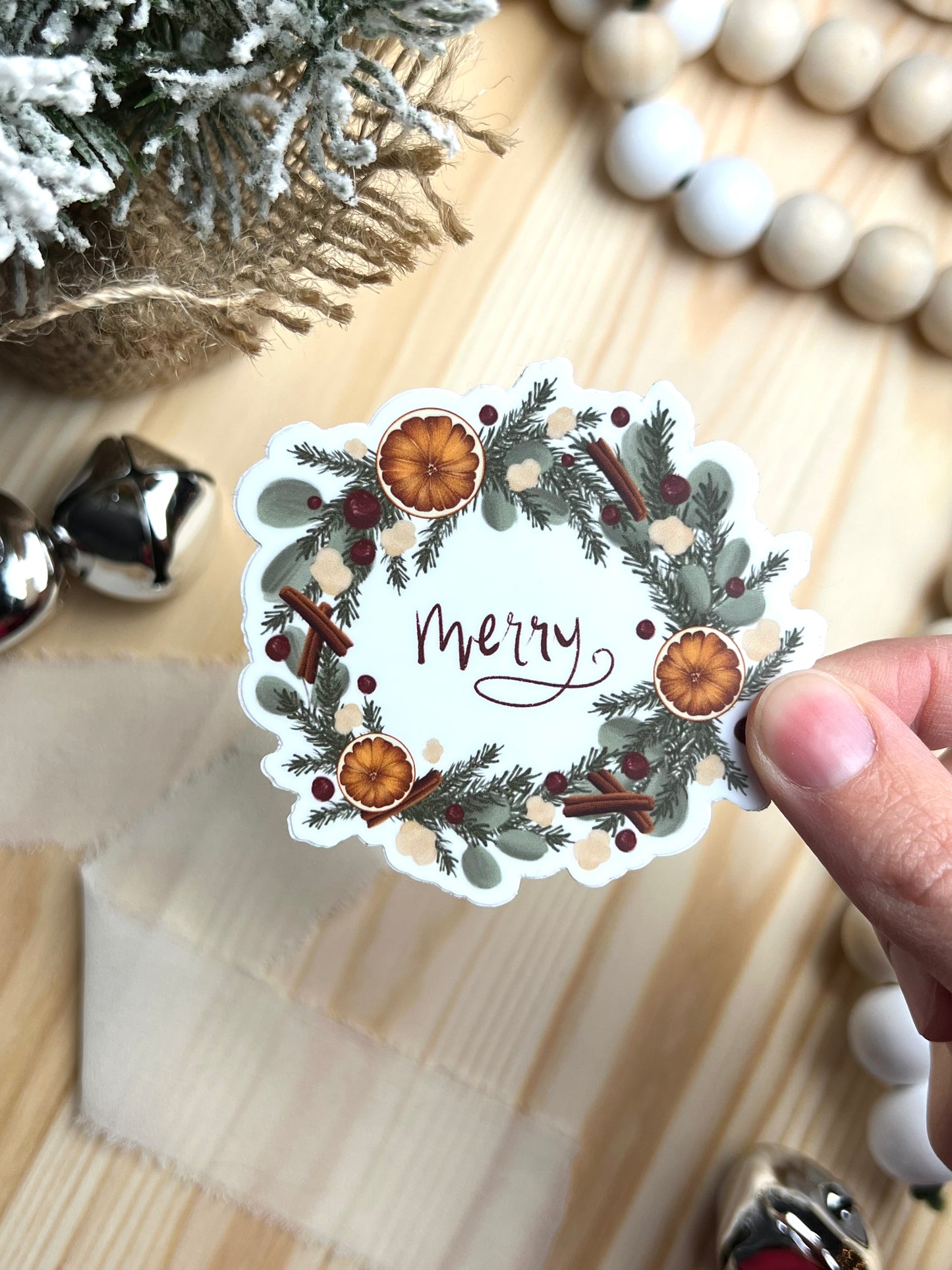 Merry Wreath Sticker, 3x2.75in