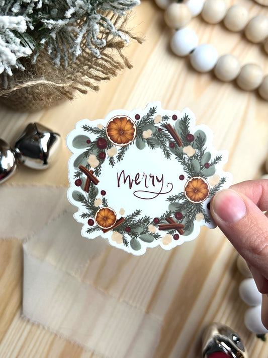 Merry Wreath Sticker, 3x2.75in