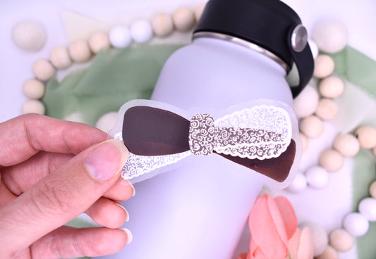 Leather and Lace Bow Sticker, 3x1.41in